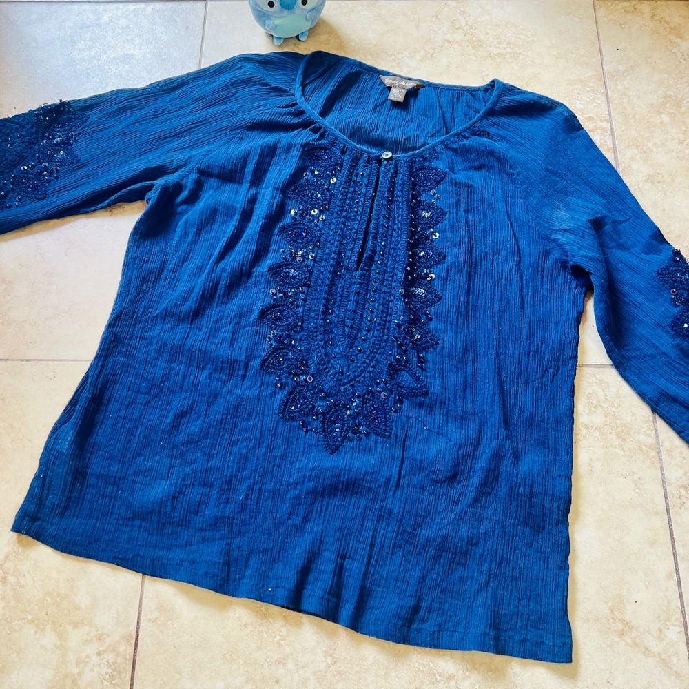 Tommy Bahama Peasant Top Navy Sequins and beads - Picture 2 of 9